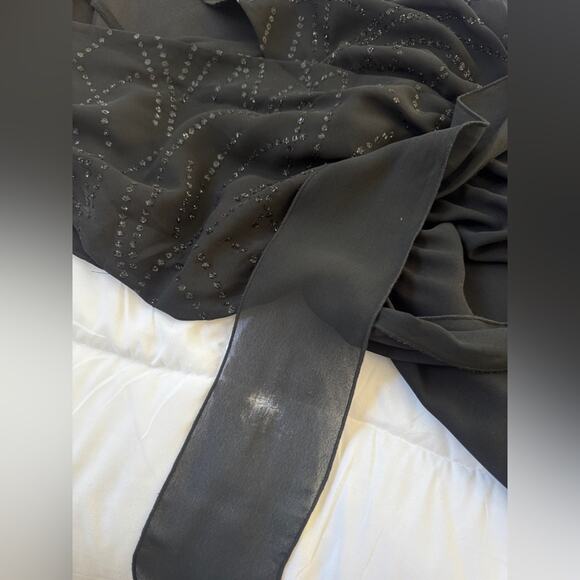 Vintage ‘80s Tracy! Sheer Black Sequined V-Neck Belted Short Sleeve Midi Dress - Picture 10 of 10